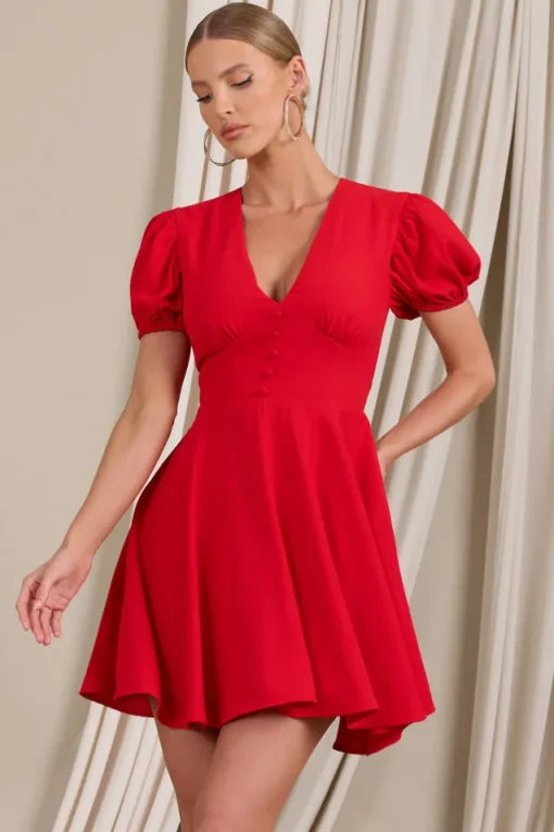 Si Si | Red V-Neck Puff-Sleeved Buttoned Mini Dress
