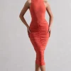 Sidnie | Orange Ruched Bodycon High-Neck Midi Dress