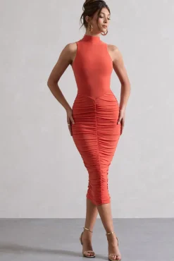Sidnie | Orange Ruched Bodycon High-Neck Midi Dress