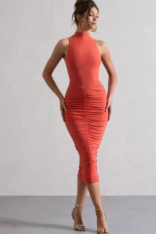 Sidnie | Orange Ruched Bodycon High-Neck Midi Dress