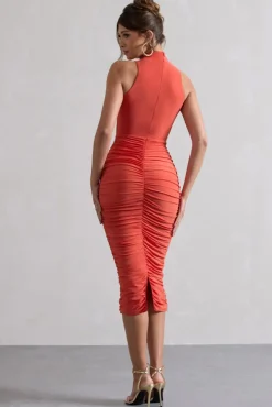 Sidnie | Orange Ruched Bodycon High-Neck Midi Dress