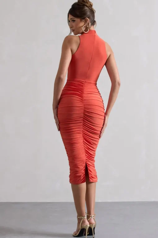 Sidnie | Orange Ruched Bodycon High-Neck Midi Dress