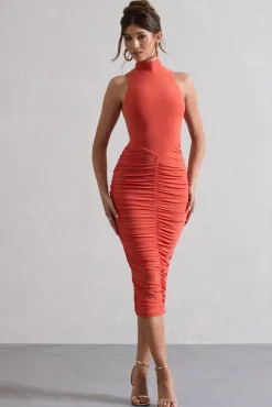 Sidnie | Orange Ruched Bodycon High-Neck Midi Dress