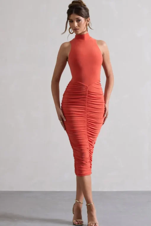 Sidnie | Orange Ruched Bodycon High-Neck Midi Dress