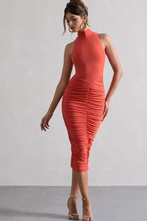 Sidnie | Orange Ruched Bodycon High-Neck Midi Dress