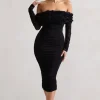 Sierra | Black Mesh Ruched Floral Bardot Lace-Up Midi Dress