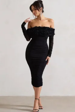Sierra | Black Mesh Ruched Floral Bardot Lace-Up Midi Dress