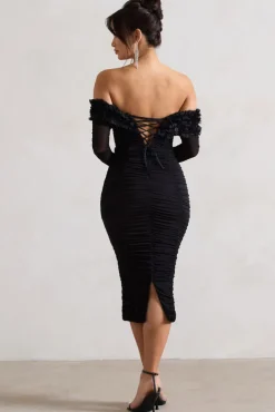 Sierra | Black Mesh Ruched Floral Bardot Lace-Up Midi Dress