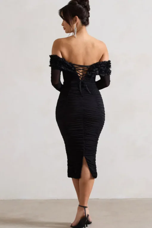 Sierra | Black Mesh Ruched Floral Bardot Lace-Up Midi Dress