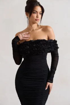 Sierra | Black Mesh Ruched Floral Bardot Lace-Up Midi Dress