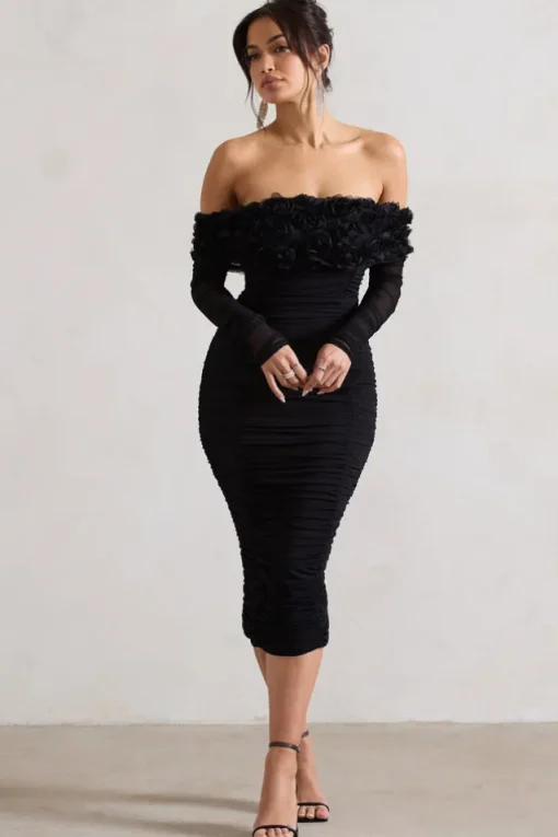 Sierra | Black Mesh Ruched Floral Bardot Lace-Up Midi Dress