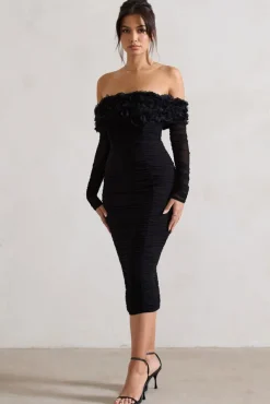 Sierra | Black Mesh Ruched Floral Bardot Lace-Up Midi Dress