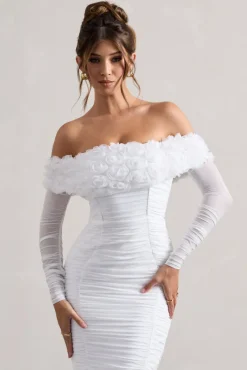 Sierra | White Mesh Ruched Floral Bardot Lace-Up Midi Dress