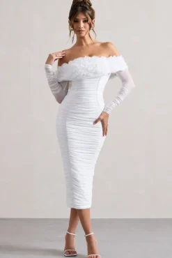 Sierra | White Mesh Ruched Floral Bardot Lace-Up Midi Dress