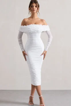 Sierra | White Mesh Ruched Floral Bardot Lace-Up Midi Dress