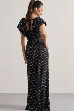 Signorina | Black Polka Dot Buttoned Maxi Dress With Flounced Short Sleeves