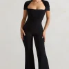 Silvanna | Black Ruched Square-Neck Flared-Leg Jumpsuit