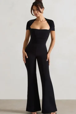 Silvanna | Black Ruched Square-Neck Flared-Leg Jumpsuit