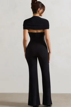 Silvanna | Black Ruched Square-Neck Flared-Leg Jumpsuit