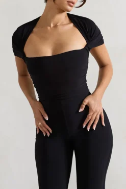 Silvanna | Black Ruched Square-Neck Flared-Leg Jumpsuit