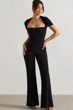 Silvanna | Black Ruched Square-Neck Flared-Leg Jumpsuit
