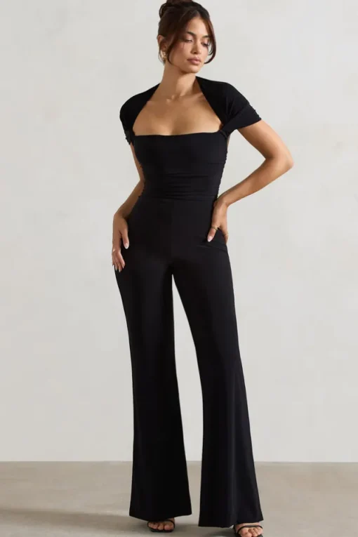 Silvanna | Black Ruched Square-Neck Flared-Leg Jumpsuit
