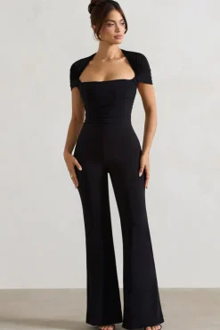 Silvanna | Black Ruched Square-Neck Flared-Leg Jumpsuit