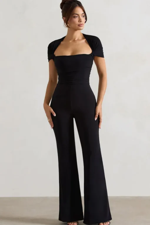 Silvanna | Black Ruched Square-Neck Flared-Leg Jumpsuit