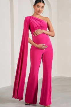 Sing To Sleep | Hot Pink Maternity One Shoulder Cape Jumpsuit