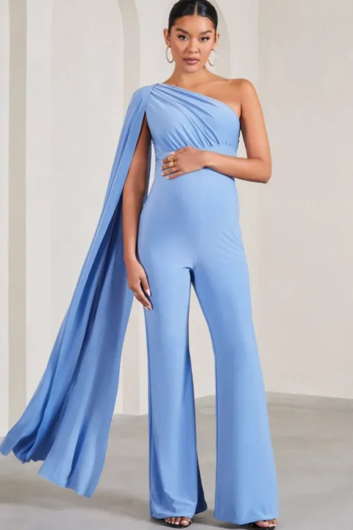 Sing To Sleep | Powder Blue Maternity One Shoulder Cape Jumpsuit