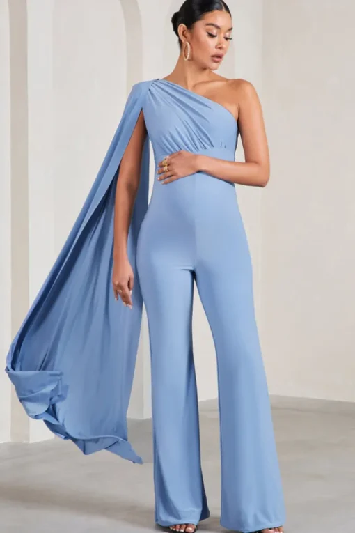 Sing To Sleep | Powder Blue Maternity One Shoulder Cape Jumpsuit