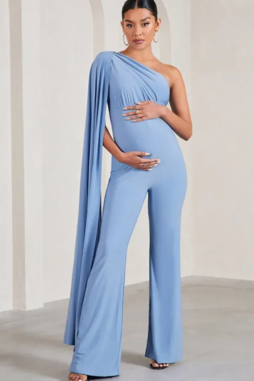 Sing To Sleep | Powder Blue Maternity One Shoulder Cape Jumpsuit
