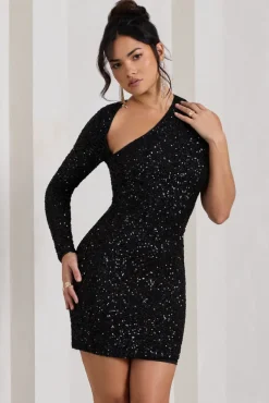 Siren | Black Sequin One Shoulder Bodycon Mini Dress