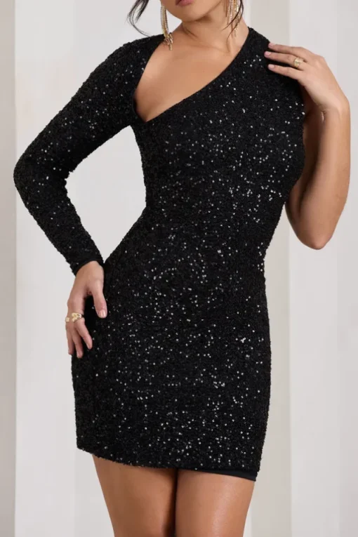 Siren | Black Sequin One Shoulder Bodycon Mini Dress