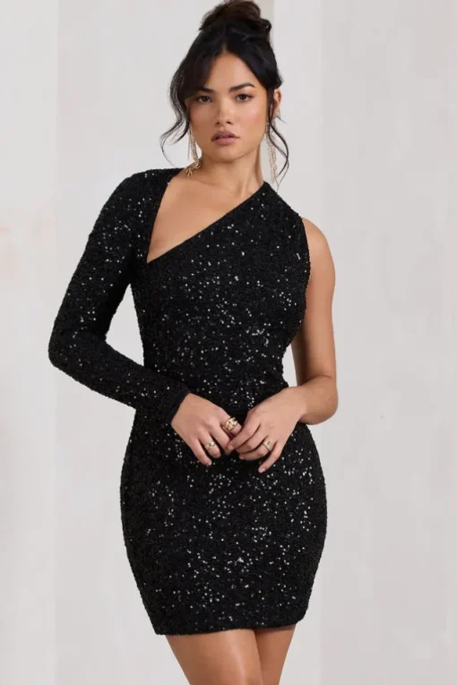 Siren | Black Sequin One Shoulder Bodycon Mini Dress