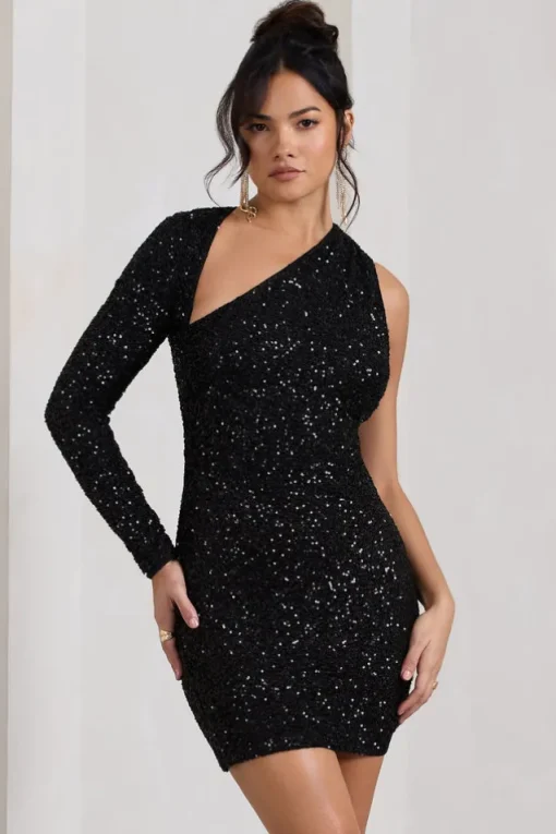 Siren | Black Sequin One Shoulder Bodycon Mini Dress