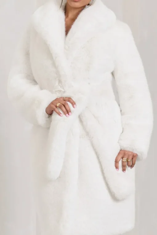Slopeside | Cream Long Belted Faux Fur Coat