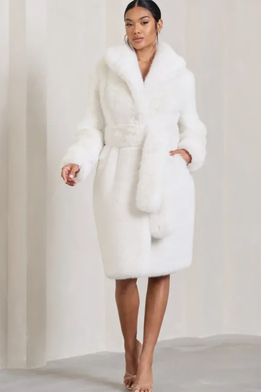 Slopeside | Cream Long Belted Faux Fur Coat