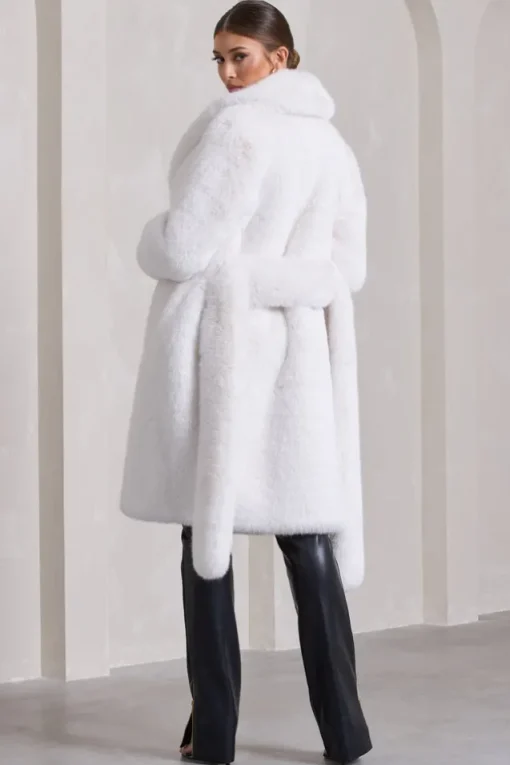 Slopeside | Cream Long Belted Faux Fur Coat