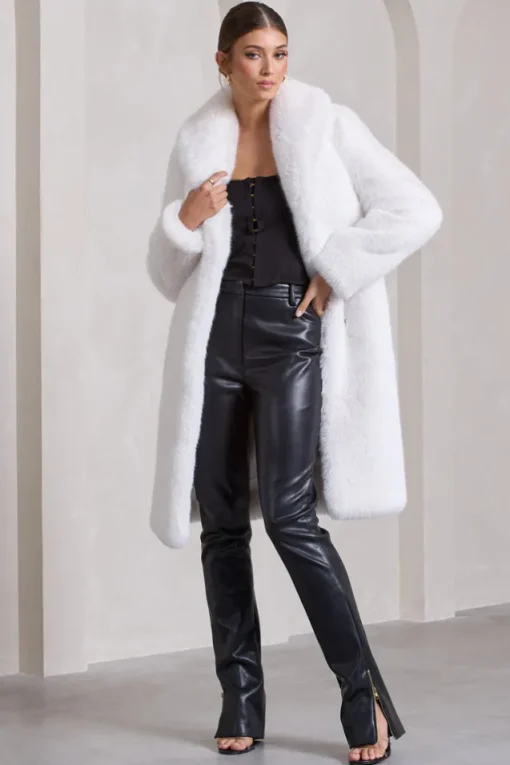 Slopeside | Cream Long Belted Faux Fur Coat