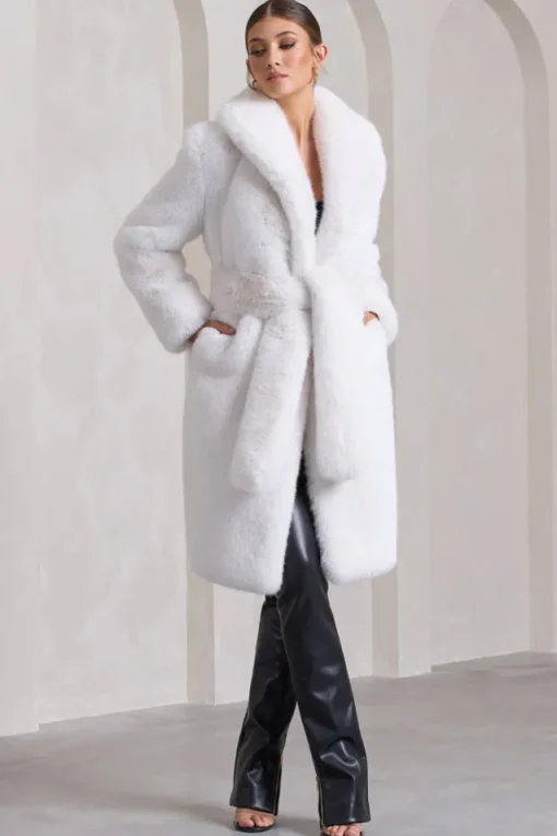 Slopeside | Cream Long Belted Faux Fur Coat