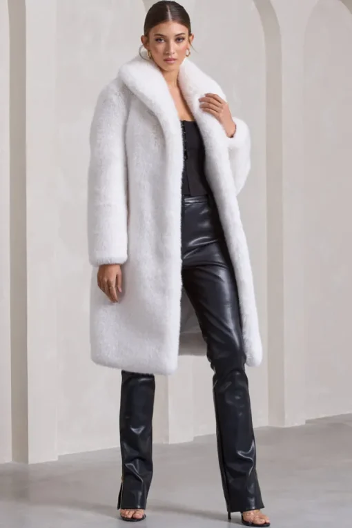 Slopeside | Cream Long Belted Faux Fur Coat