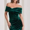 Snowdrop | Bottle Green Velvet Bardot Wrap Mini Dress