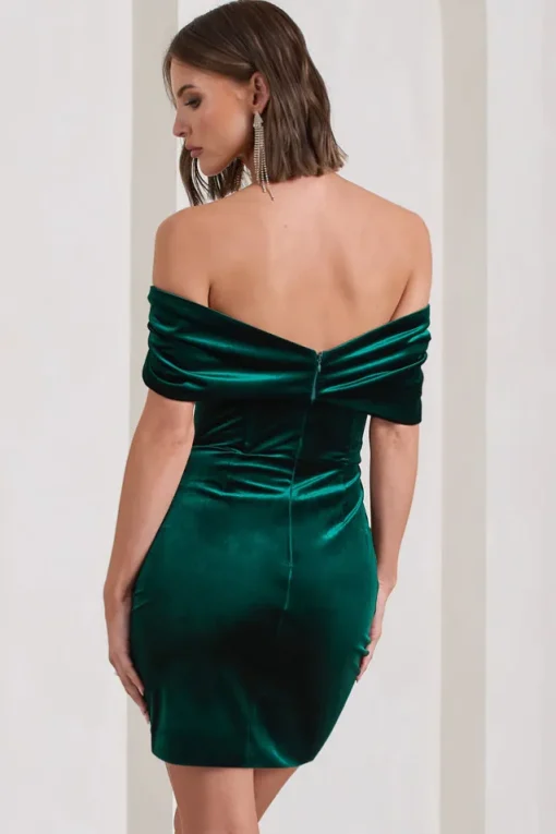 Snowdrop | Bottle Green Velvet Bardot Wrap Mini Dress