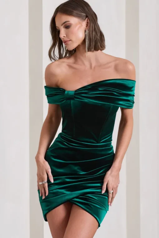 Snowdrop | Bottle Green Velvet Bardot Wrap Mini Dress