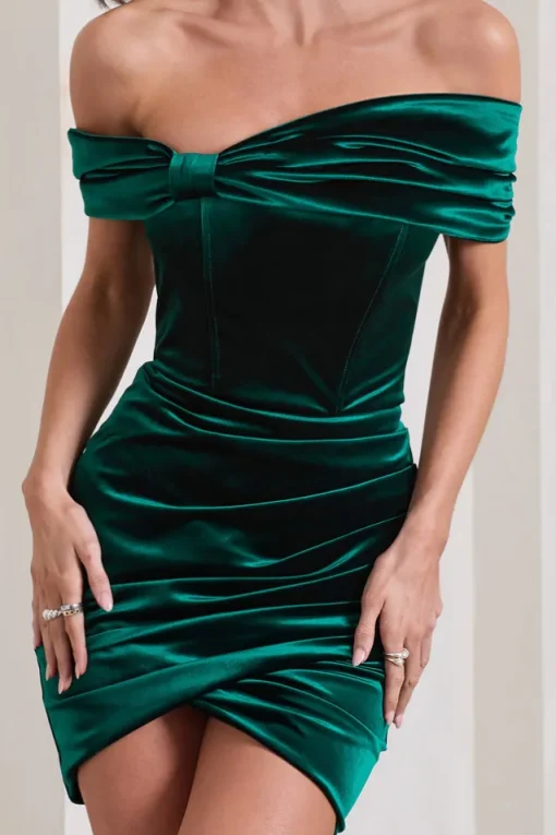 Snowdrop | Bottle Green Velvet Bardot Wrap Mini Dress