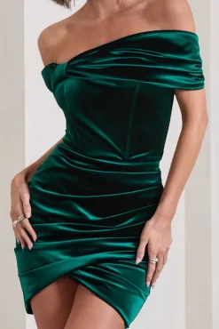 Snowdrop | Bottle Green Velvet Bardot Wrap Mini Dress