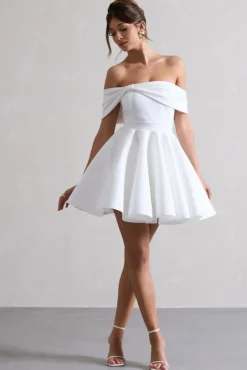 Snowfall | White Bardot Bow Skater Mini Dress