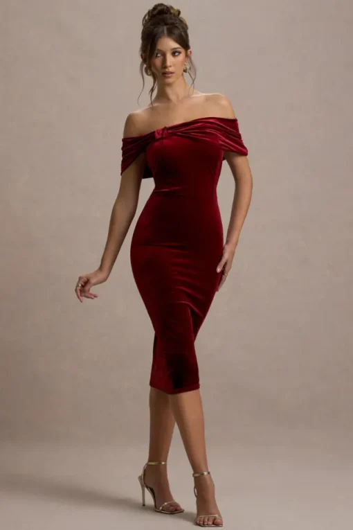 Snowflake | Berry Velvet Bardot Bow Detail Midi Dress