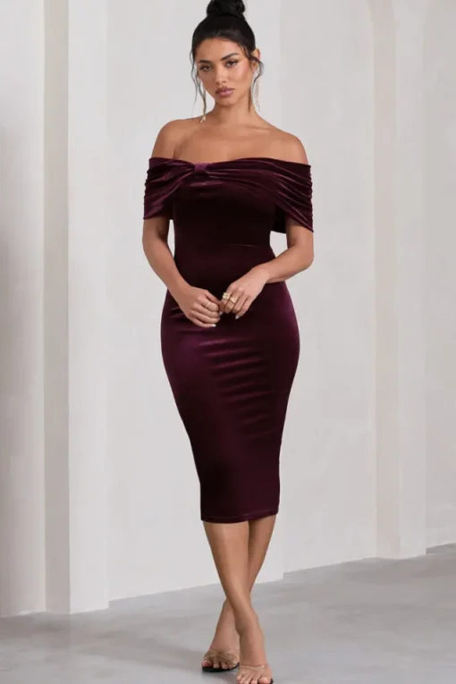 Snowflake | Port Velvet Bardot Bow Detail Midi Dress